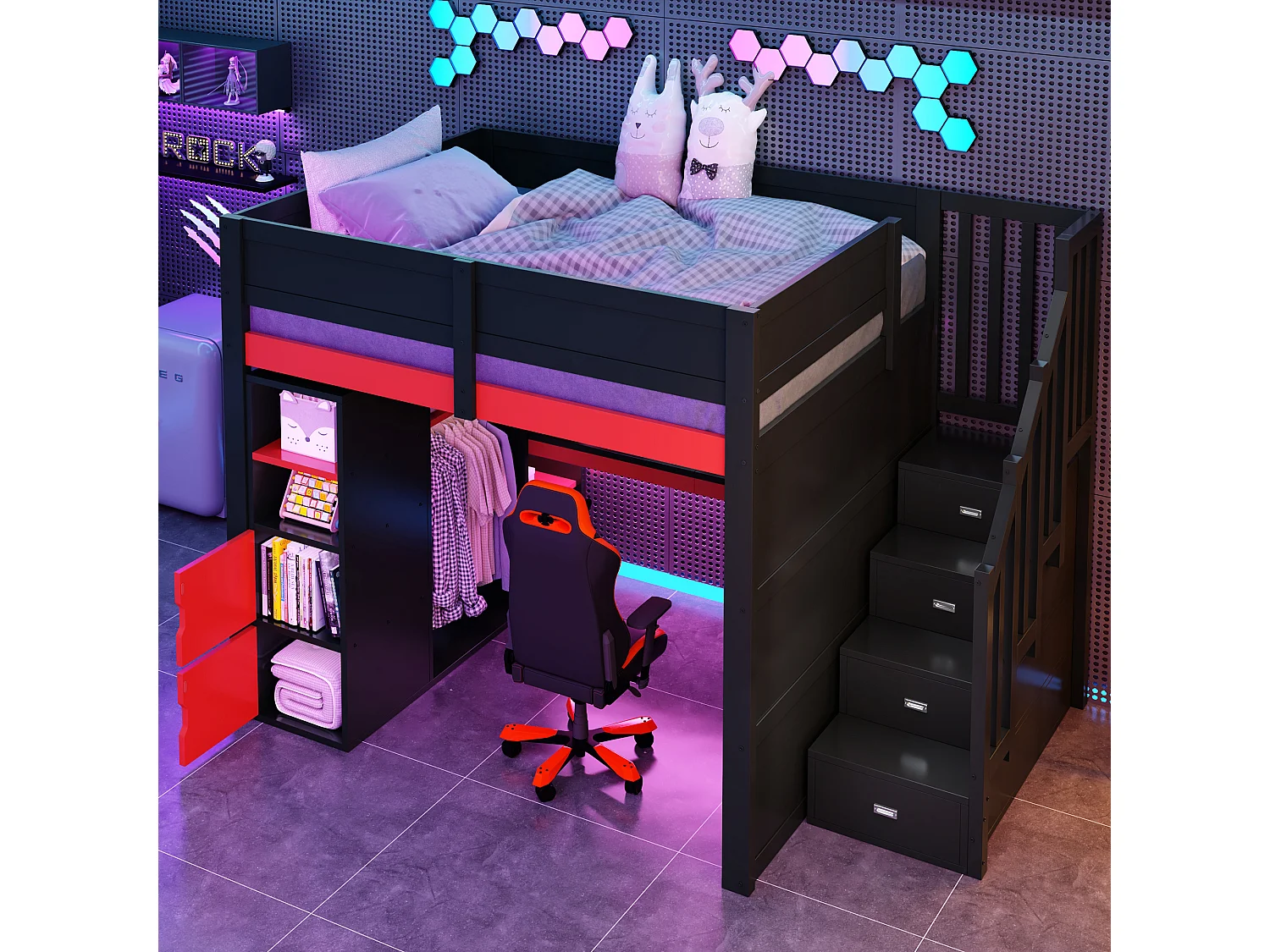 Holz-Hochbett 140x200cm mit LED und USB-Anschluss - Schreibtisch und Schrank - Aufstiegsleiter mit Stauraum - Schwarz + Rot​ (ohne Matratze)