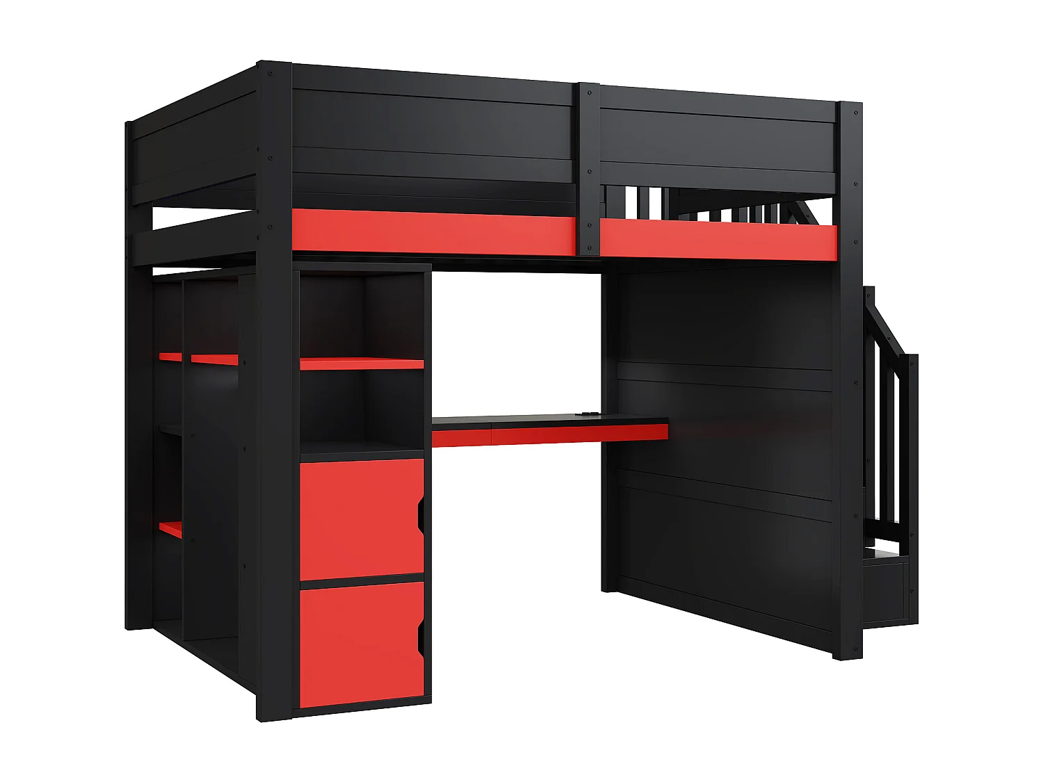 Holz-Hochbett 140x200cm mit LED und USB-Anschluss - Schreibtisch und Schrank - Aufstiegsleiter mit Stauraum - Schwarz + Rot​ (ohne Matratze)