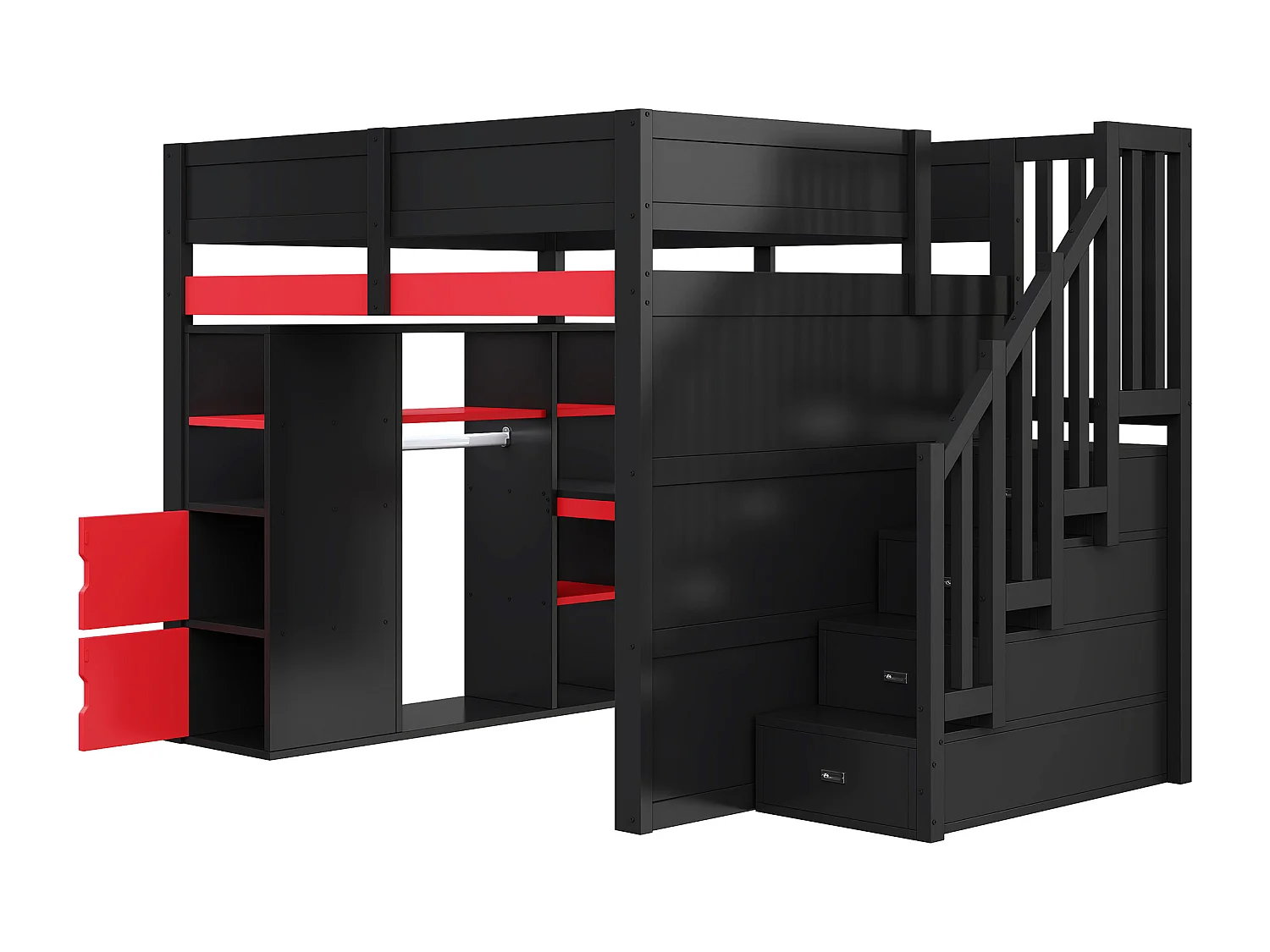 Holz-Hochbett 140x200cm mit LED und USB-Anschluss - Schreibtisch und Schrank - Aufstiegsleiter mit Stauraum - Schwarz + Rot​ (ohne Matratze)