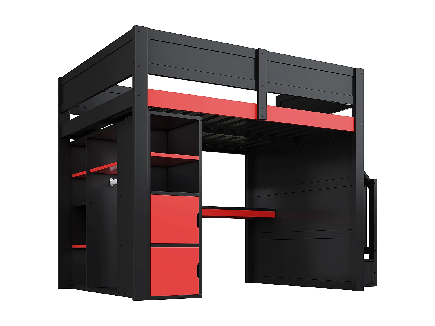 Holz-Hochbett 140x200cm mit LED und USB-Anschluss - Schreibtisch und Schrank - Aufstiegsleiter mit Stauraum - Schwarz + Rot​ (ohne Matratze)