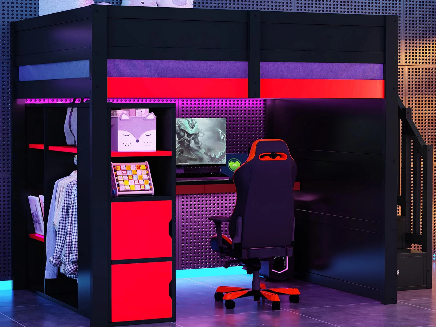 Letto soppalcato in legno 140x200cm con LED e porta USB - Scrivania e armadio - Scala di riporre - Nero + Rosso​ (senza materasso)