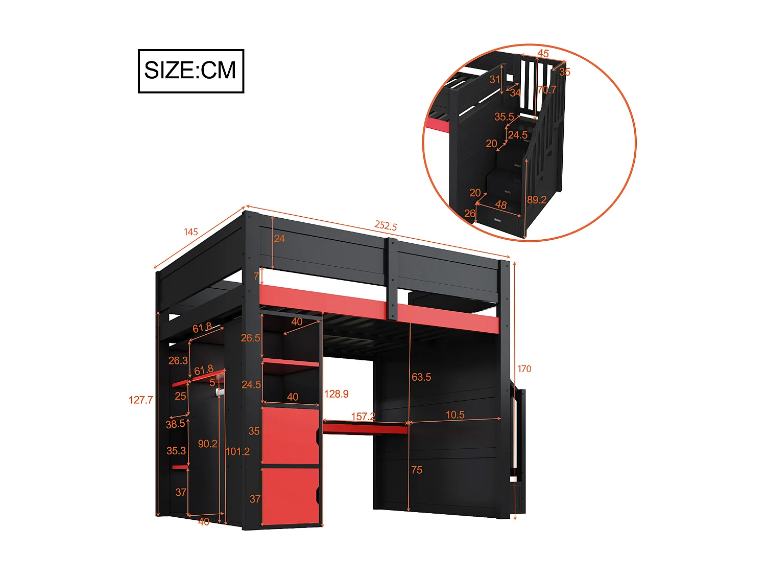 Letto soppalcato in legno 140x200cm con LED e porta USB - Scrivania e armadio - Scala di riporre - Nero + Rosso​ (senza materasso)