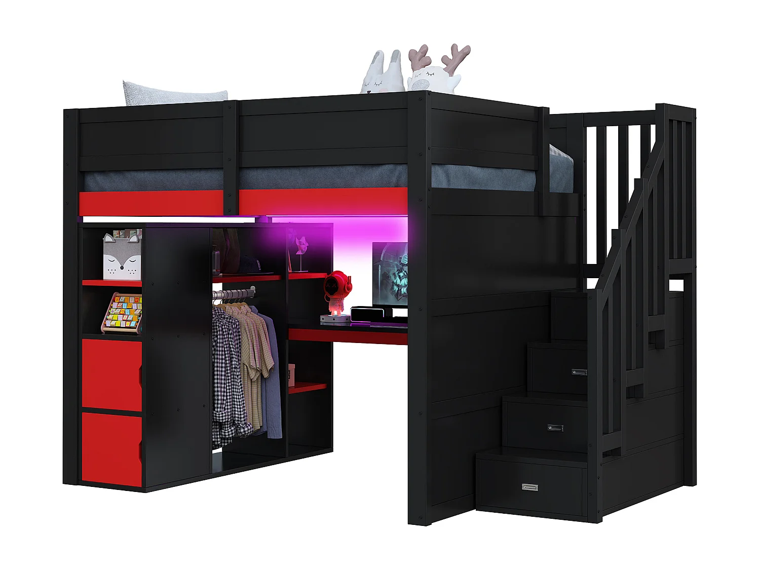 Letto soppalcato in legno 140x200cm con LED e porta USB - Scrivania e armadio - Scala di riporre - Nero + Rosso​ (senza materasso)