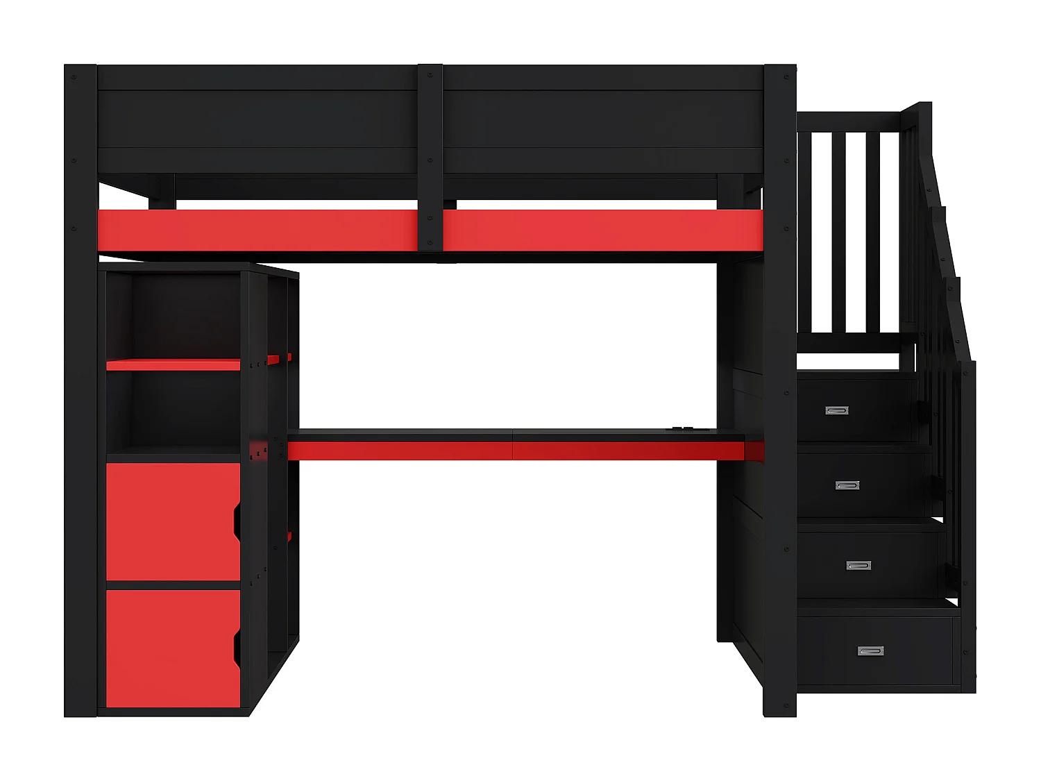 Letto soppalcato in legno 140x200cm con LED e porta USB - Scrivania e armadio - Scala di riporre - Nero + Rosso​ (senza materasso)