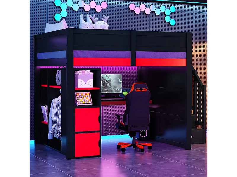 Holz-Hochbett 140x200cm mit LED und USB-Anschluss - Schreibtisch und Schrank - Aufstiegsleiter mit Stauraum - Schwarz + Rot​ (ohne Matratze)