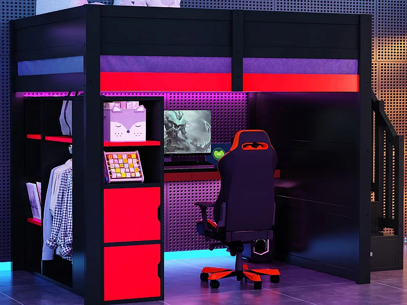 Holz-Hochbett 140x200cm mit LED und USB-Anschluss - Schreibtisch und Schrank - Aufstiegsleiter mit Stauraum - Schwarz + Rot​ (ohne Matratze)