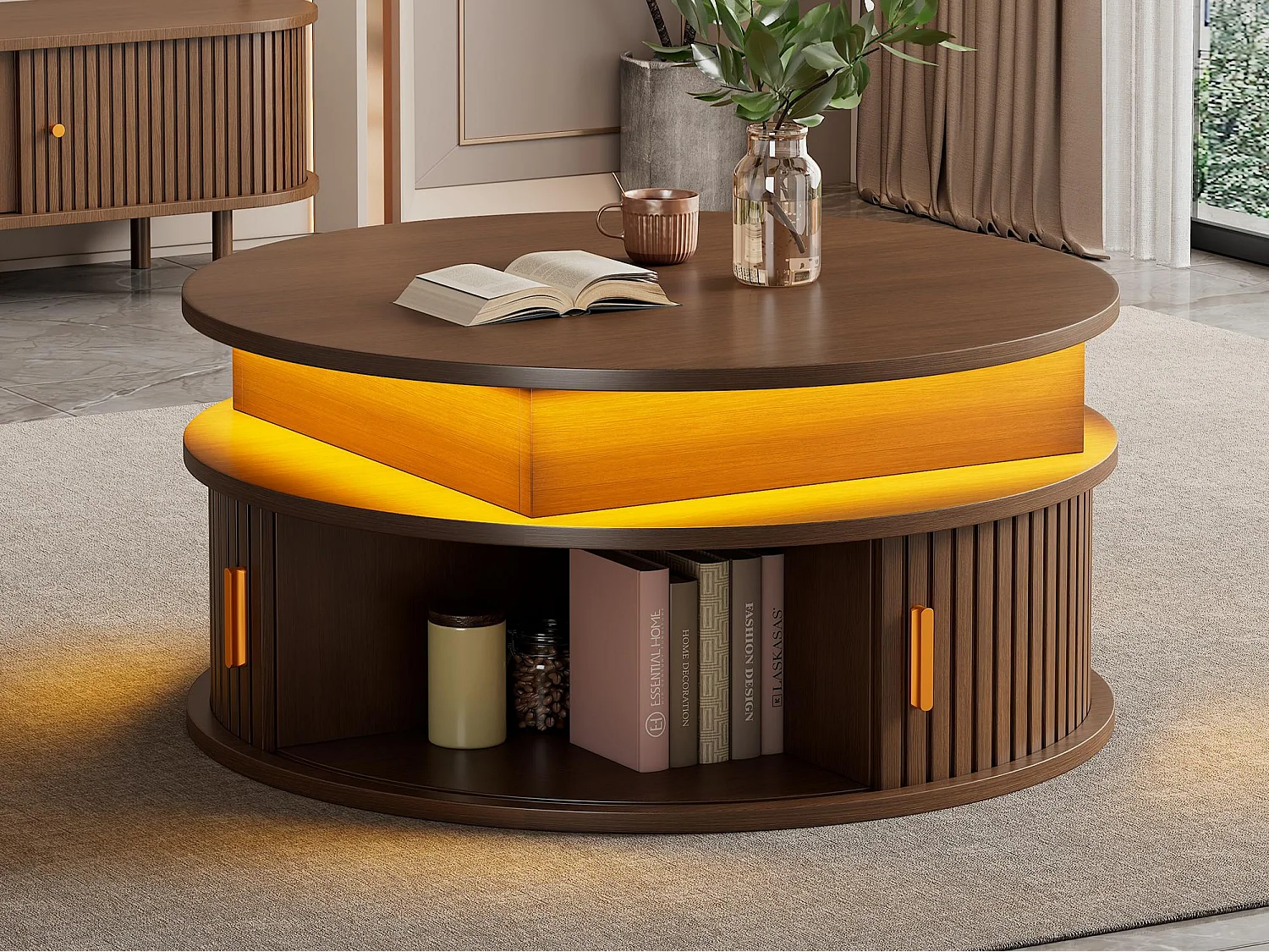 Okrągły podnoszony stolik kawowy 75x75x52 cm - z oświetleniem LED - 2 drzwi - przegródki do przechowywania - kolor orzechowy