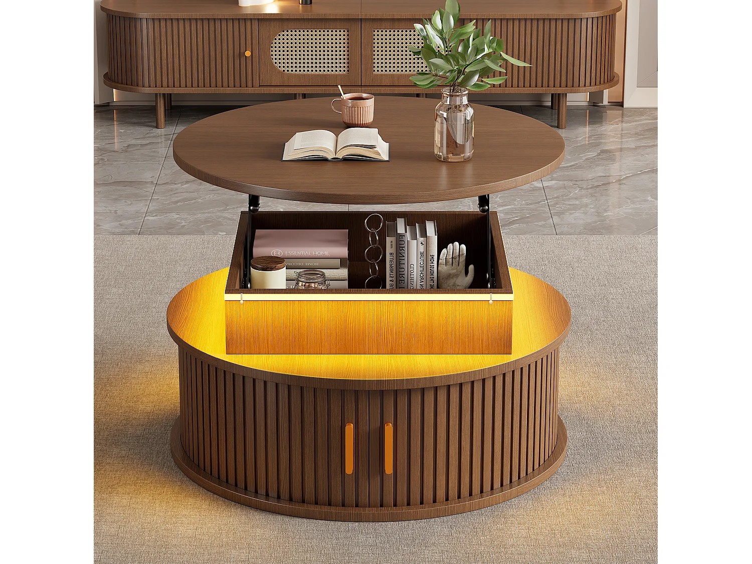 Okrągły podnoszony stolik kawowy 75x75x52 cm - z oświetleniem LED - 2 drzwi - przegródki do przechowywania - kolor orzechowy