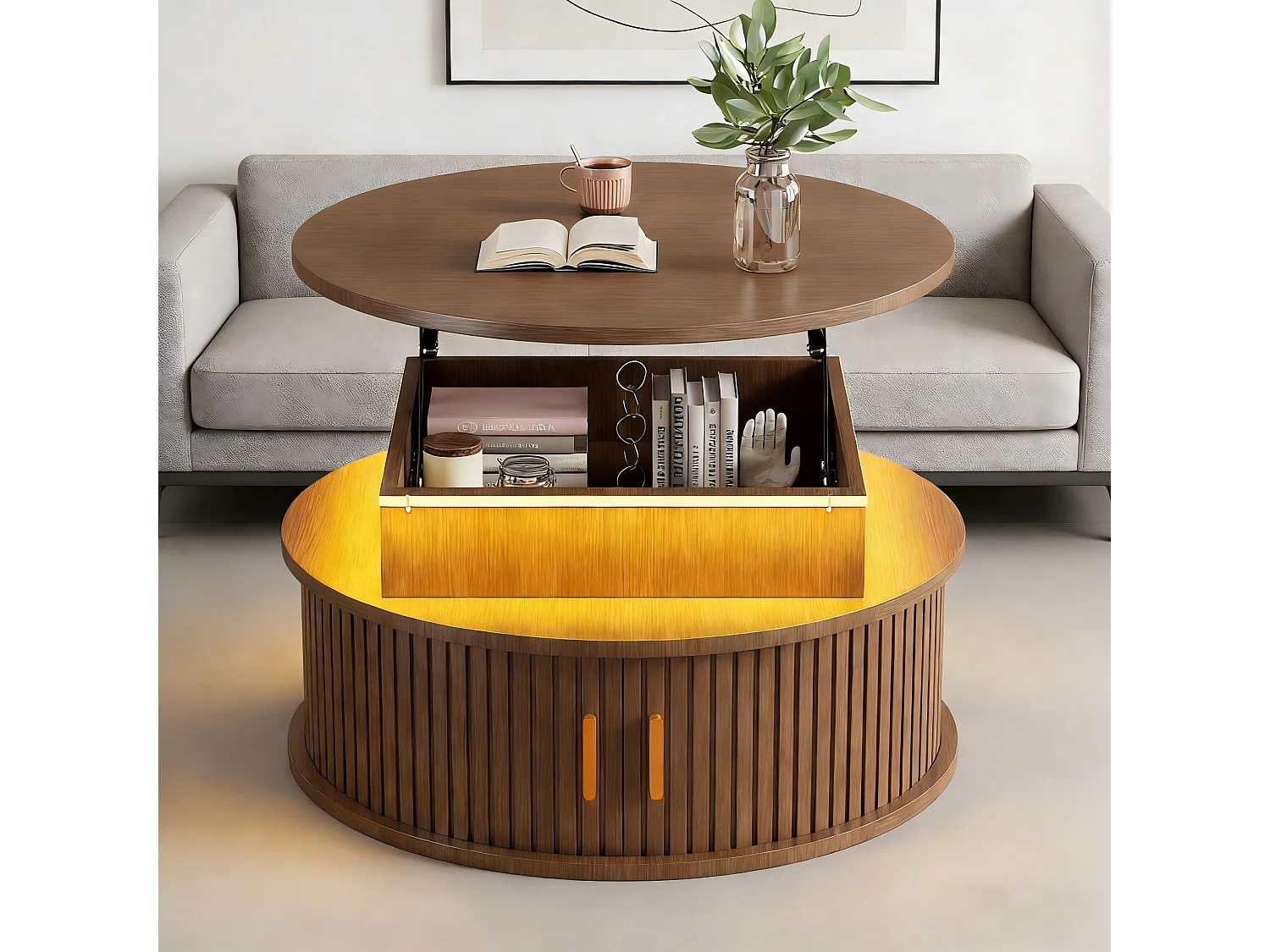 Okrągły podnoszony stolik kawowy 75x75x52 cm - z oświetleniem LED - 2 drzwi - przegródki do przechowywania - kolor orzechowy