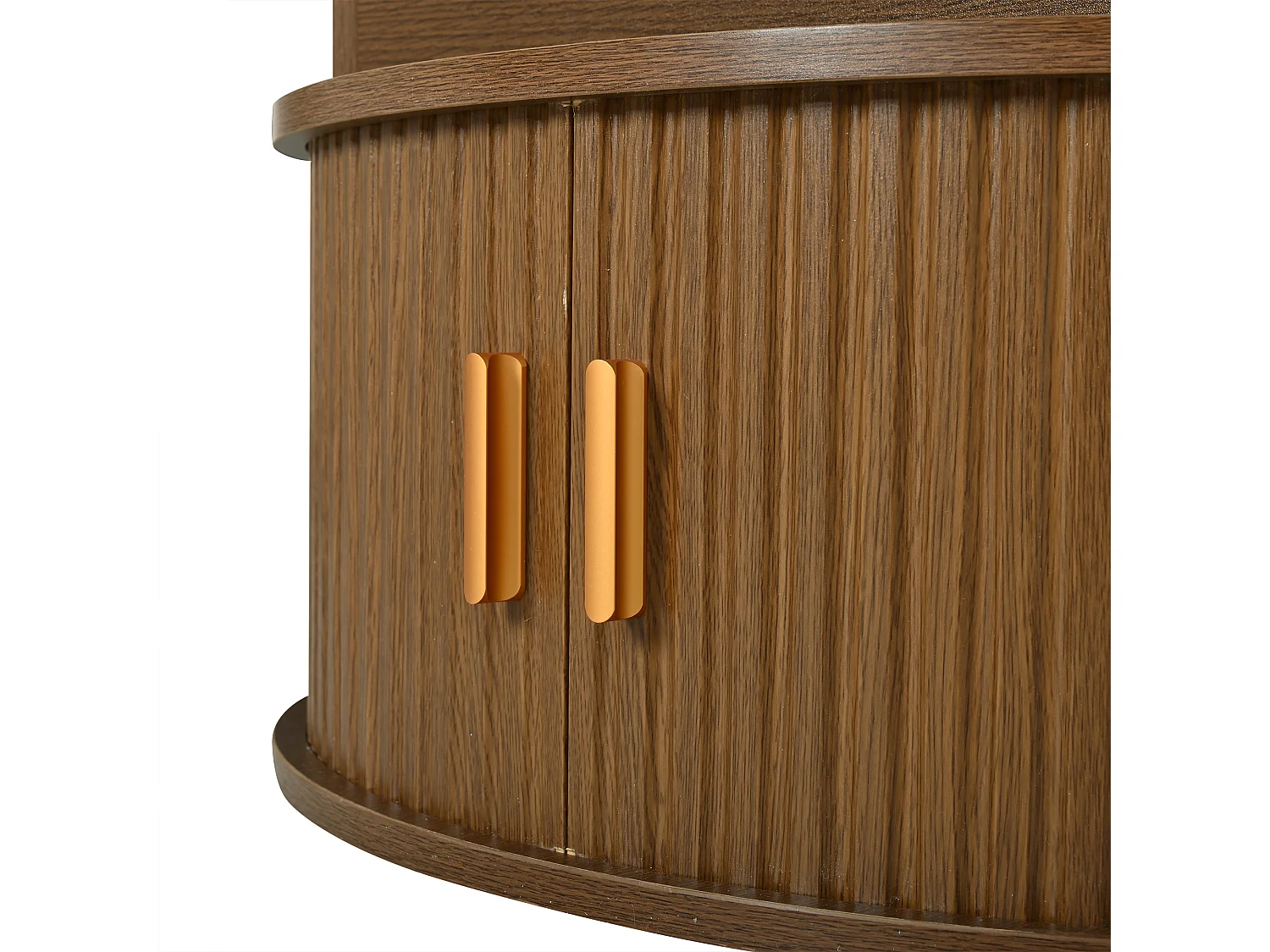 Okrągły podnoszony stolik kawowy 75x75x52 cm - z oświetleniem LED - 2 drzwi - przegródki do przechowywania - kolor orzechowy