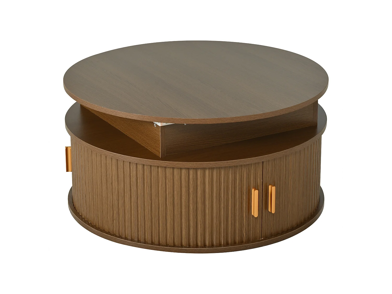 Okrągły podnoszony stolik kawowy 75x75x52 cm - z oświetleniem LED - 2 drzwi - przegródki do przechowywania - kolor orzechowy