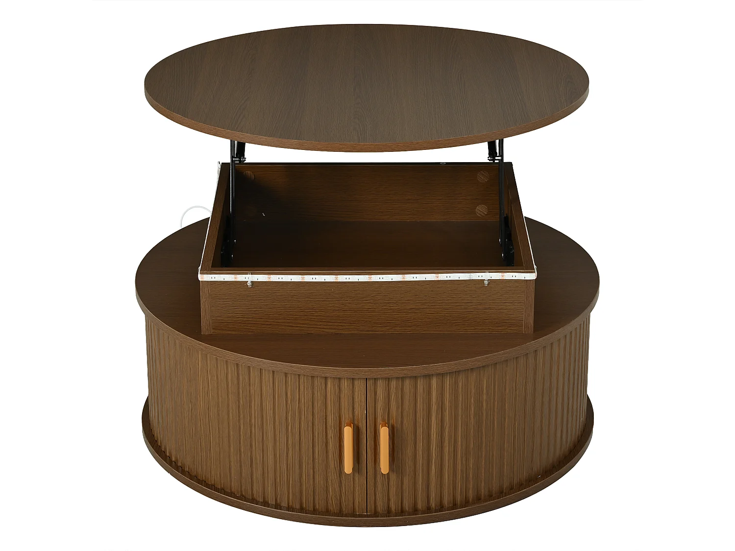 Okrągły podnoszony stolik kawowy 75x75x52 cm - z oświetleniem LED - 2 drzwi - przegródki do przechowywania - kolor orzechowy