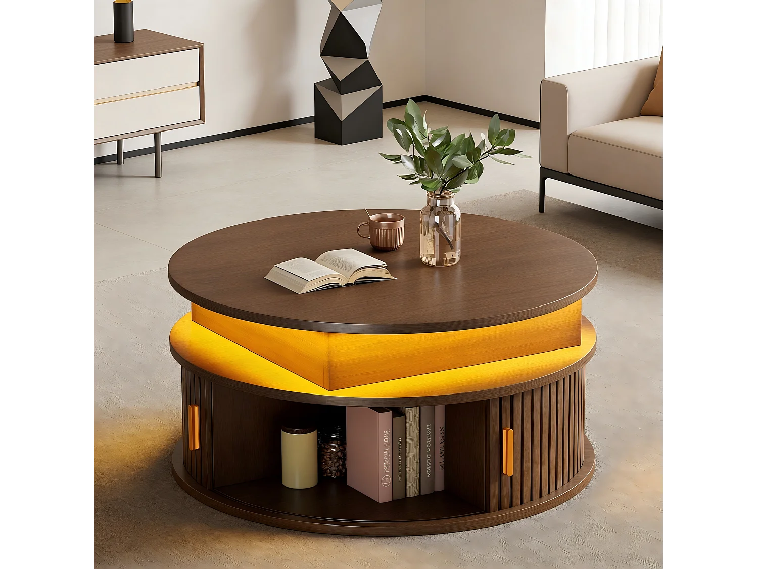 Mesa de centro redonda elevable 75x75x52 cm - con iluminación LED - 2 puertas - compartimentos de almacenamiento - color nogal