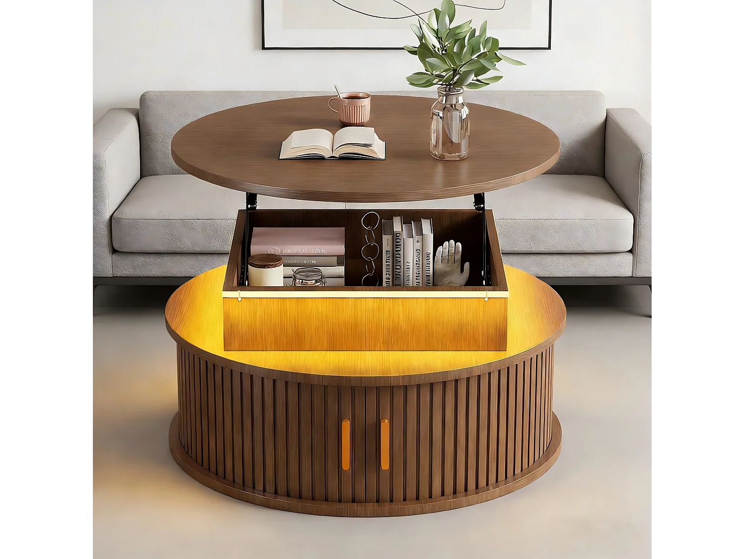 Mesa de centro redonda elevable 75x75x52 cm - con iluminación LED - 2 puertas - compartimentos de almacenamiento - color nogal