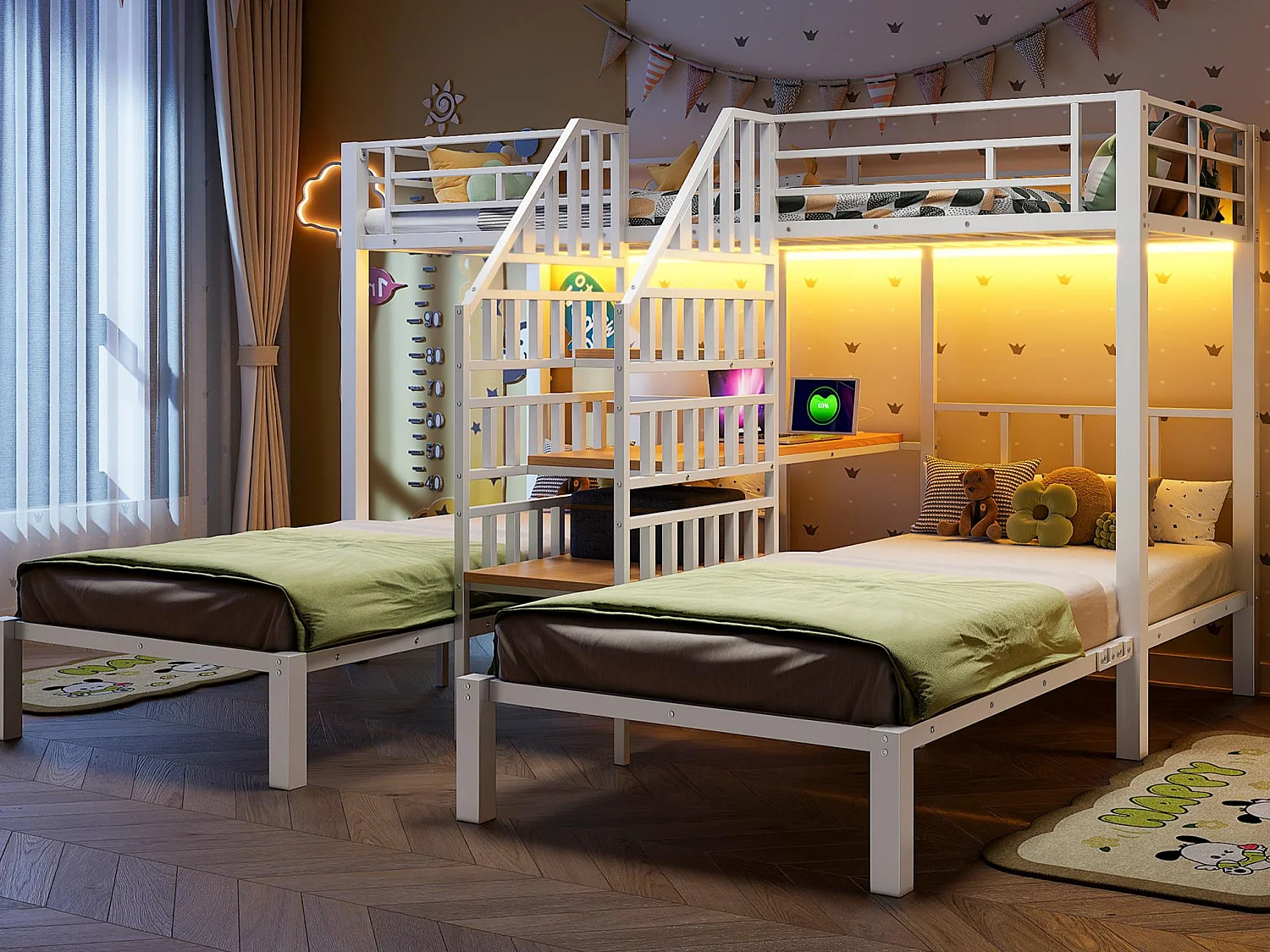 Lit superposé 90x200 cm - 3 couchages - avec bande lumineuse LED - équipé de 2 ports USB + 1 prise électrique - avec bureau - blanc (matelas non inclus)