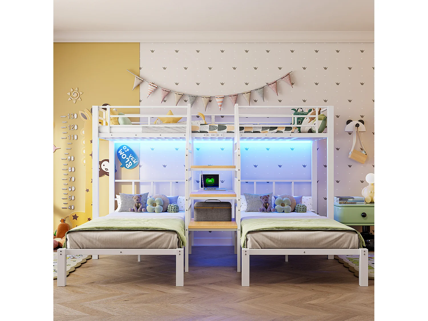 Lit superposé 90x200 cm - 3 couchages - avec bande lumineuse LED - équipé de 2 ports USB + 1 prise électrique - avec bureau - blanc (matelas non inclus)