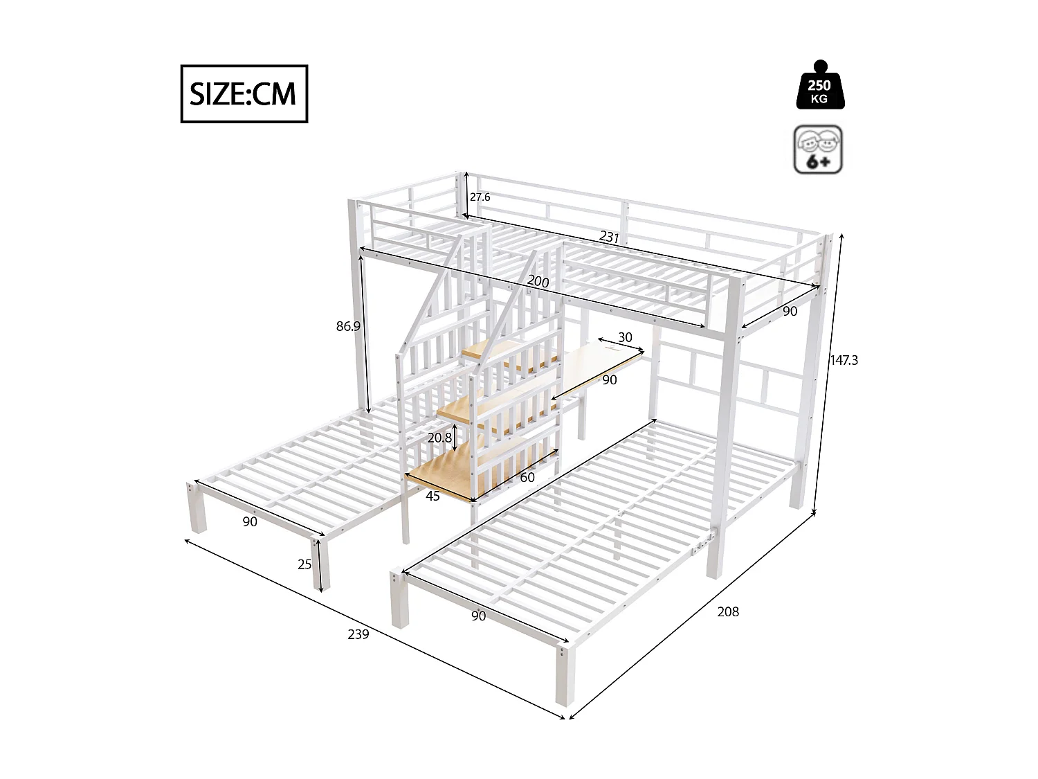 Lit superposé 90x200 cm - 3 couchages - avec bande lumineuse LED - équipé de 2 ports USB + 1 prise électrique - avec bureau - blanc (matelas non inclus)