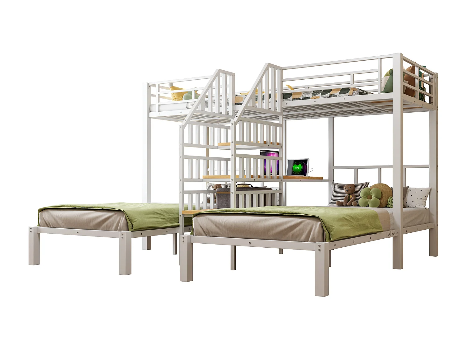 Lit superposé 90x200 cm - 3 couchages - avec bande lumineuse LED - équipé de 2 ports USB + 1 prise électrique - avec bureau - blanc (matelas non inclus)