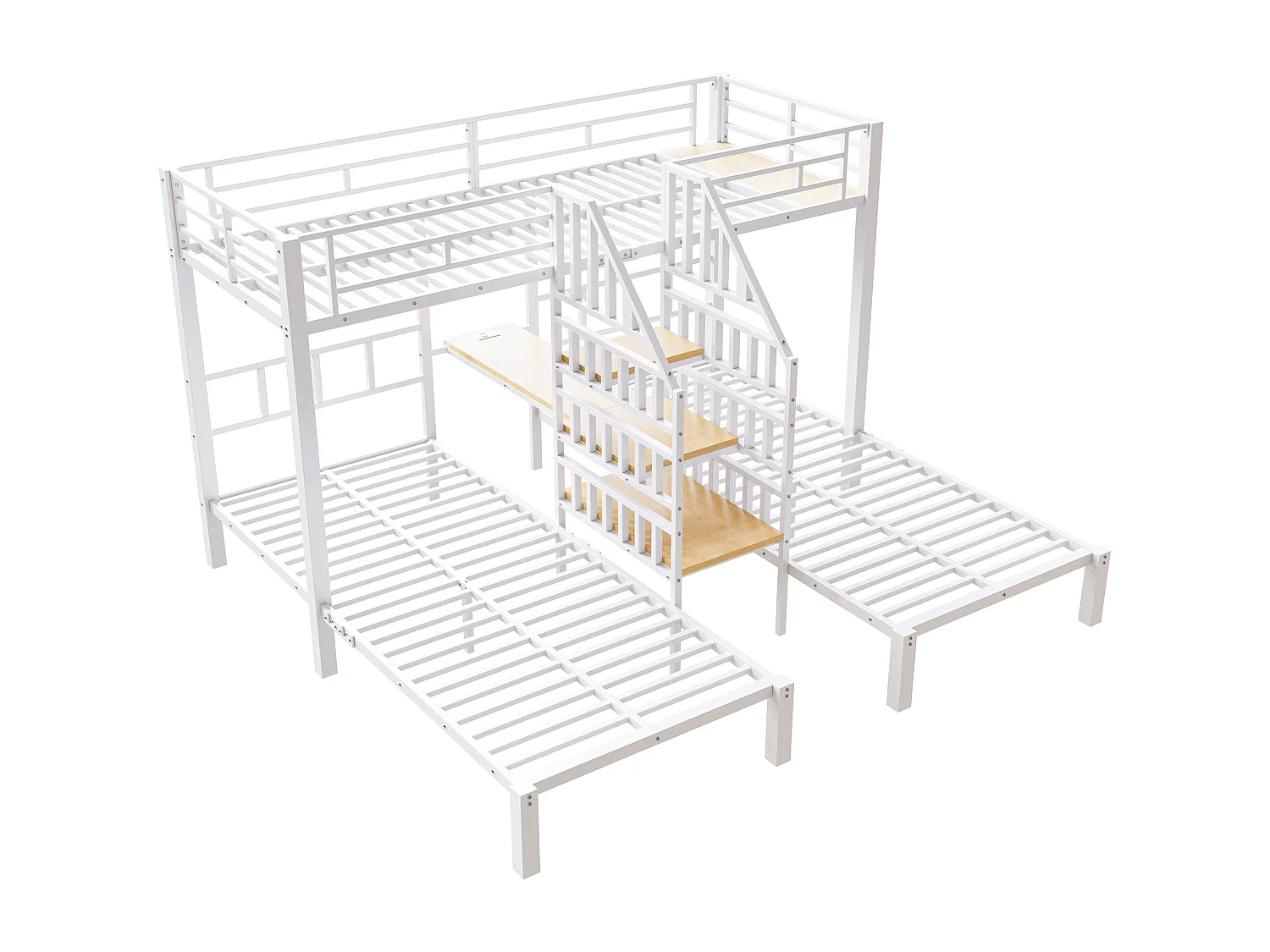 Lit superposé 90x200 cm - 3 couchages - avec bande lumineuse LED - équipé de 2 ports USB + 1 prise électrique - avec bureau - blanc (matelas non inclus)