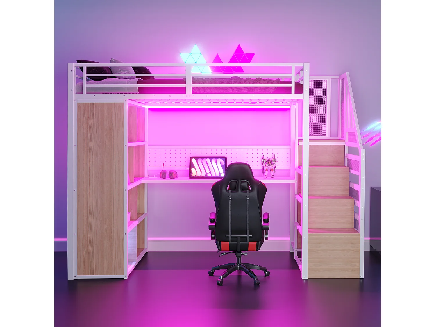 Cama altillo de metal 90x200 cm - con perchero abierto y compartimentos de almacenamiento - con escritorio y escalera - con banda de luz LED - blanco