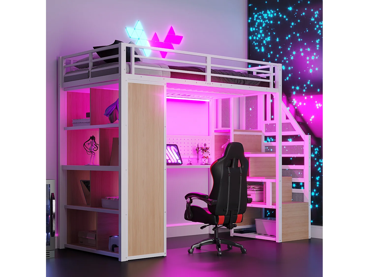 Cama altillo de metal 90x200 cm - con perchero abierto y compartimentos de almacenamiento - con escritorio y escalera - con banda de luz LED - blanco