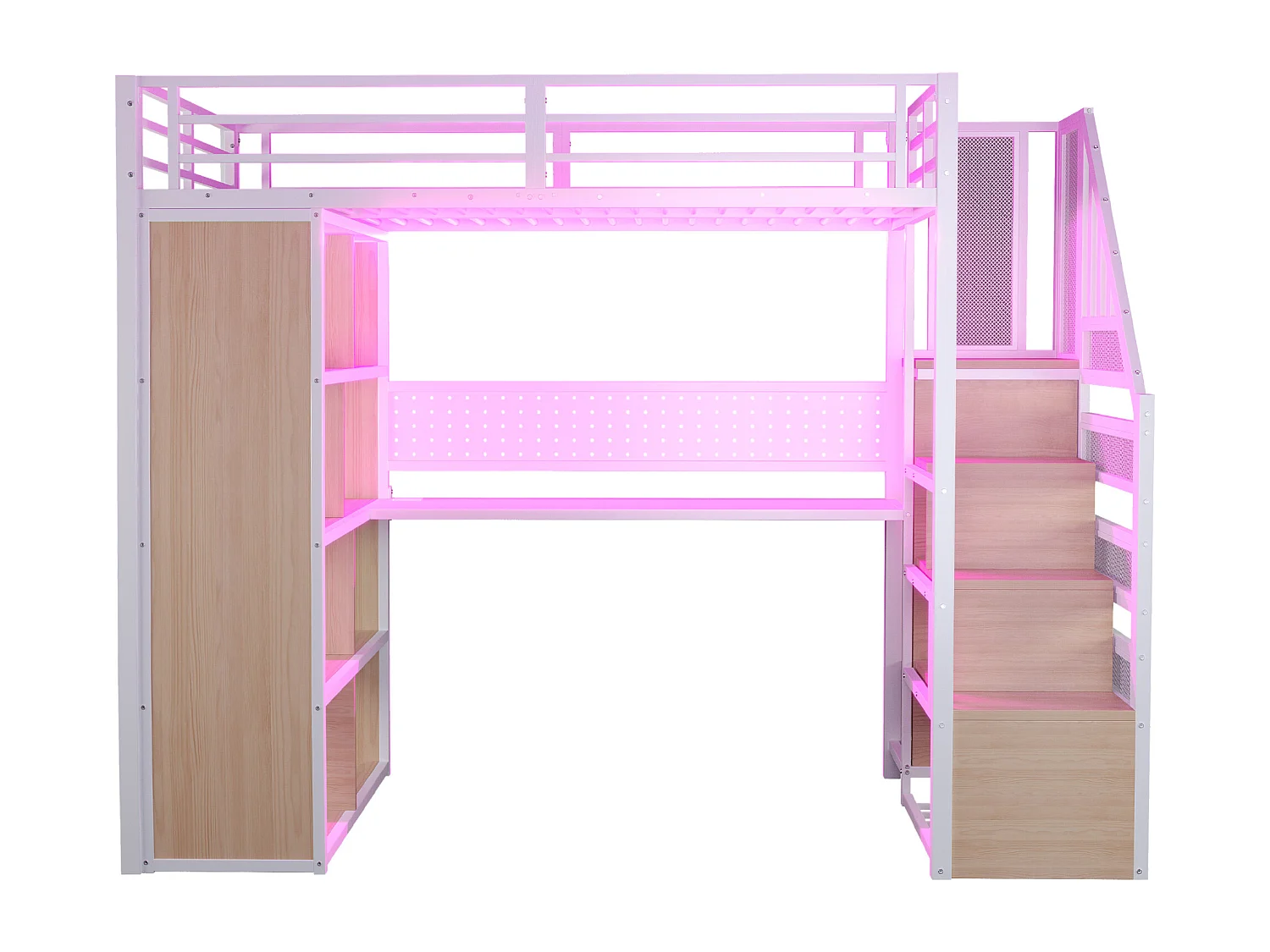 Cama altillo de metal 90x200 cm - con perchero abierto y compartimentos de almacenamiento - con escritorio y escalera - con banda de luz LED - blanco