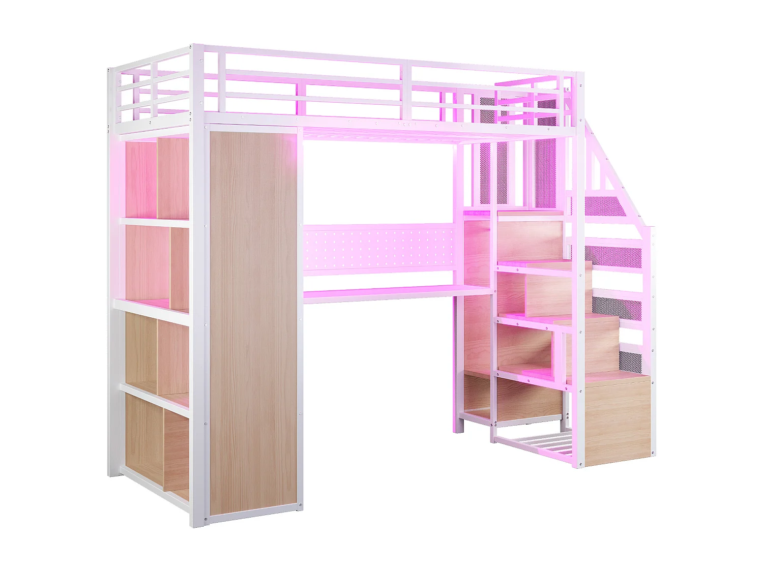 Cama altillo de metal 90x200 cm - con perchero abierto y compartimentos de almacenamiento - con escritorio y escalera - con banda de luz LED - blanco