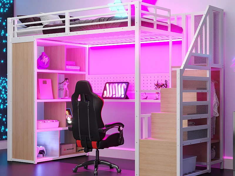 Lit mezzanine en métal 90x200 cm - avec penderie ouverte et compartiments de rangement - avec bureau et échelle - avec bande lumineuse LED - blanc