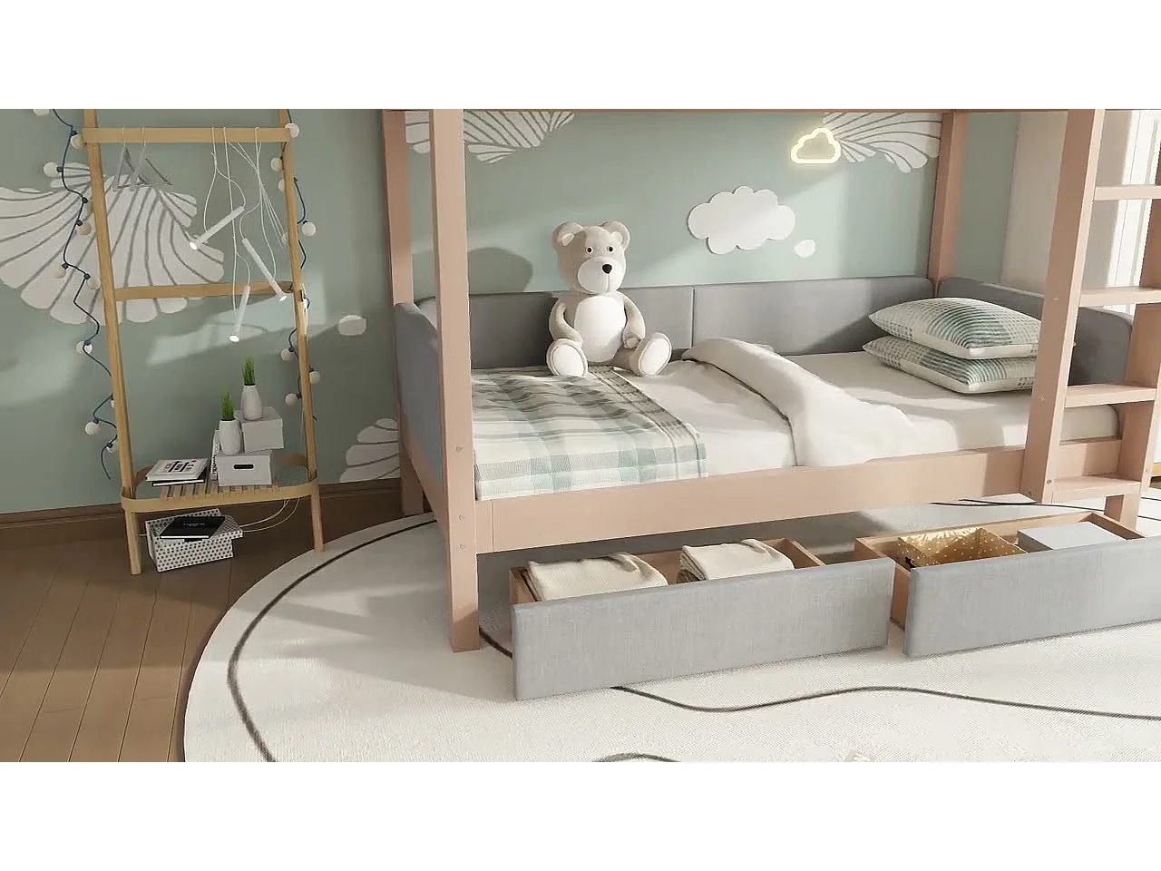 Tapicerowane łóżko piętrowe 90x200cm - z 2 szufladami - pianka antyurazowa - z 4-stopniową drabiną - drewno hevea + MDF - Naturalny+Szary​ (bez materaca)