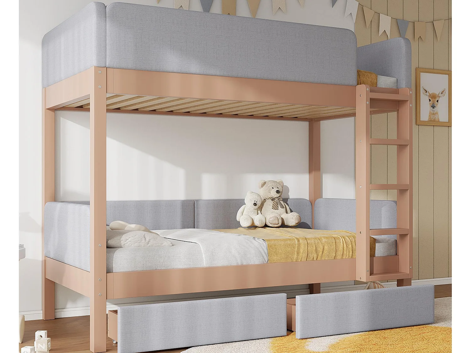 Tapicerowane łóżko piętrowe 90x200cm - z 2 szufladami - pianka antyurazowa - z 4-stopniową drabiną - drewno hevea + MDF - Naturalny+Szary​ (bez materaca)