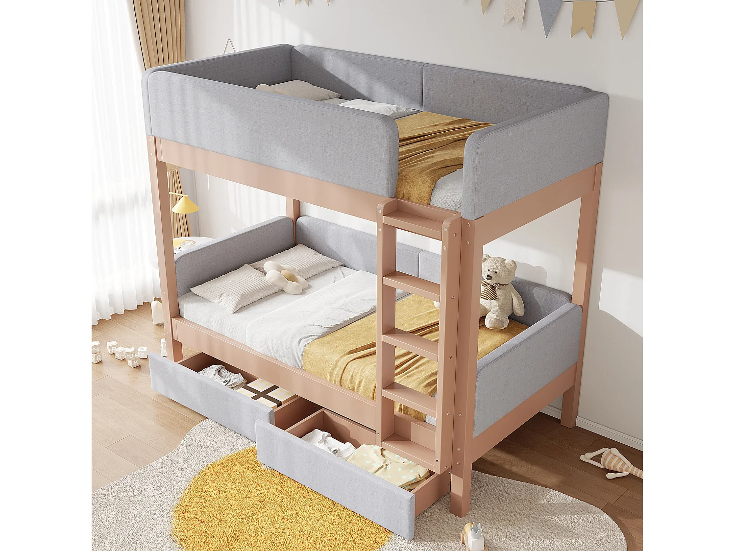 Tapicerowane łóżko piętrowe 90x200cm - z 2 szufladami - pianka antyurazowa - z 4-stopniową drabiną - drewno hevea + MDF - Naturalny+Szary​ (bez materaca)