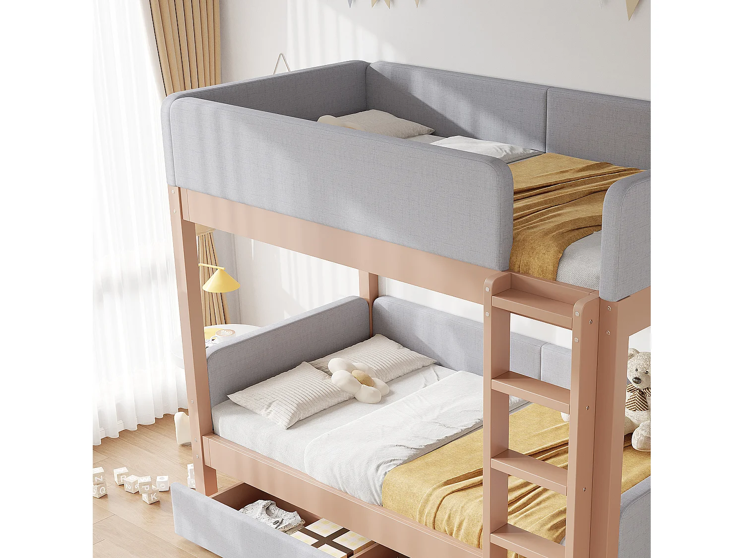 Tapicerowane łóżko piętrowe 90x200cm - z 2 szufladami - pianka antyurazowa - z 4-stopniową drabiną - drewno hevea + MDF - Naturalny+Szary​ (bez materaca)