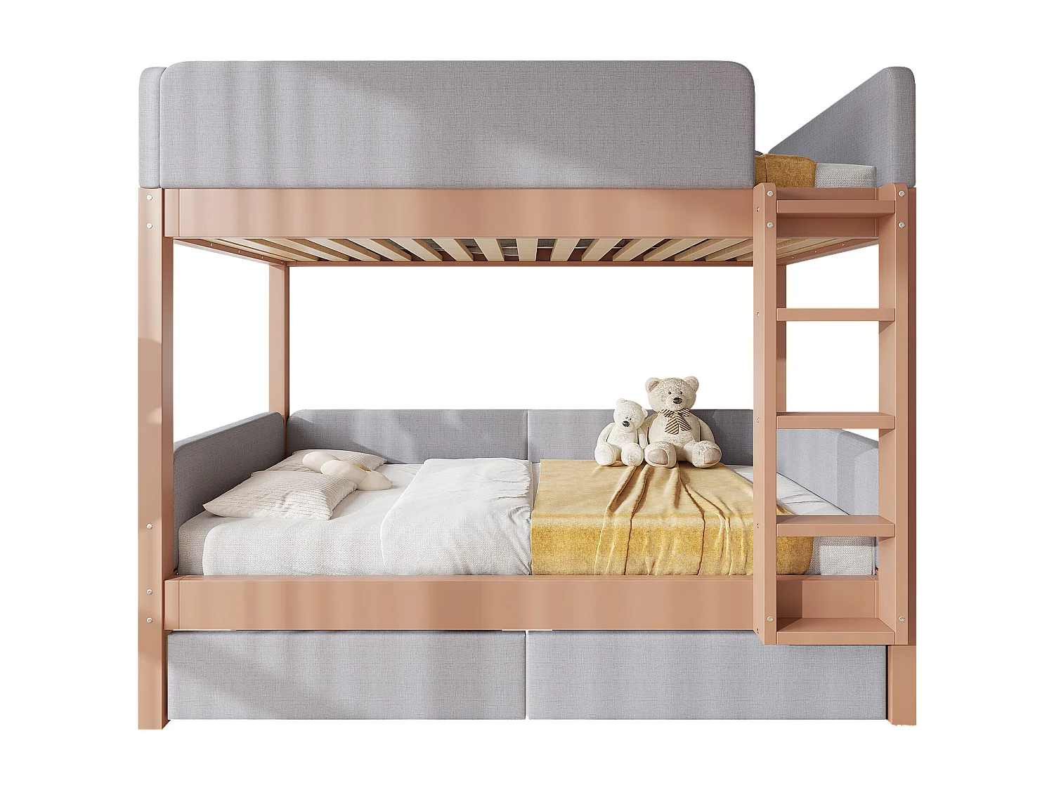 Tapicerowane łóżko piętrowe 90x200cm - z 2 szufladami - pianka antyurazowa - z 4-stopniową drabiną - drewno hevea + MDF - Naturalny+Szary​ (bez materaca)
