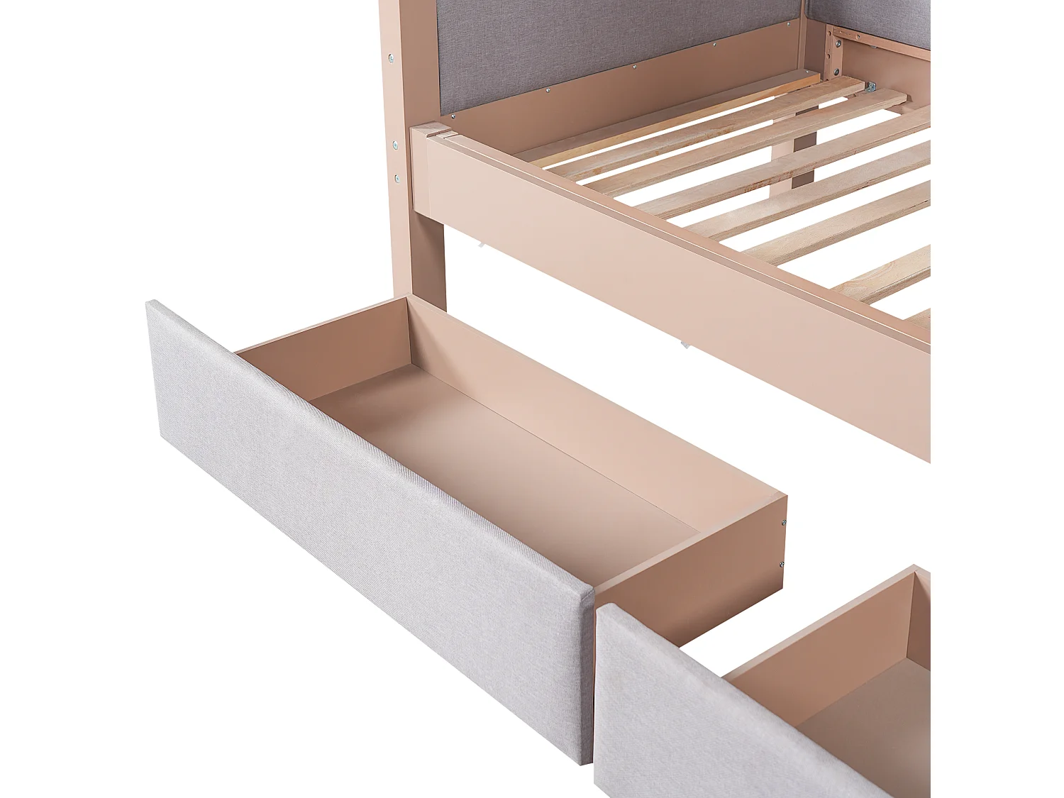 Tapicerowane łóżko piętrowe 90x200cm - z 2 szufladami - pianka antyurazowa - z 4-stopniową drabiną - drewno hevea + MDF - Naturalny+Szary​ (bez materaca)