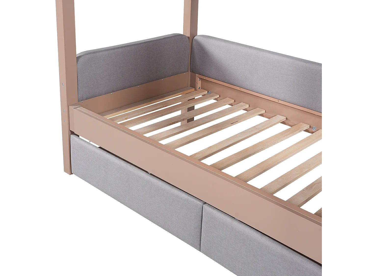 Tapicerowane łóżko piętrowe 90x200cm - z 2 szufladami - pianka antyurazowa - z 4-stopniową drabiną - drewno hevea + MDF - Naturalny+Szary​ (bez materaca)