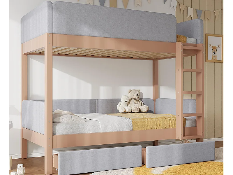 Tapicerowane łóżko piętrowe 90x200cm - z 2 szufladami - pianka antyurazowa - z 4-stopniową drabiną - drewno hevea + MDF - Naturalny+Szary​ (bez materaca)