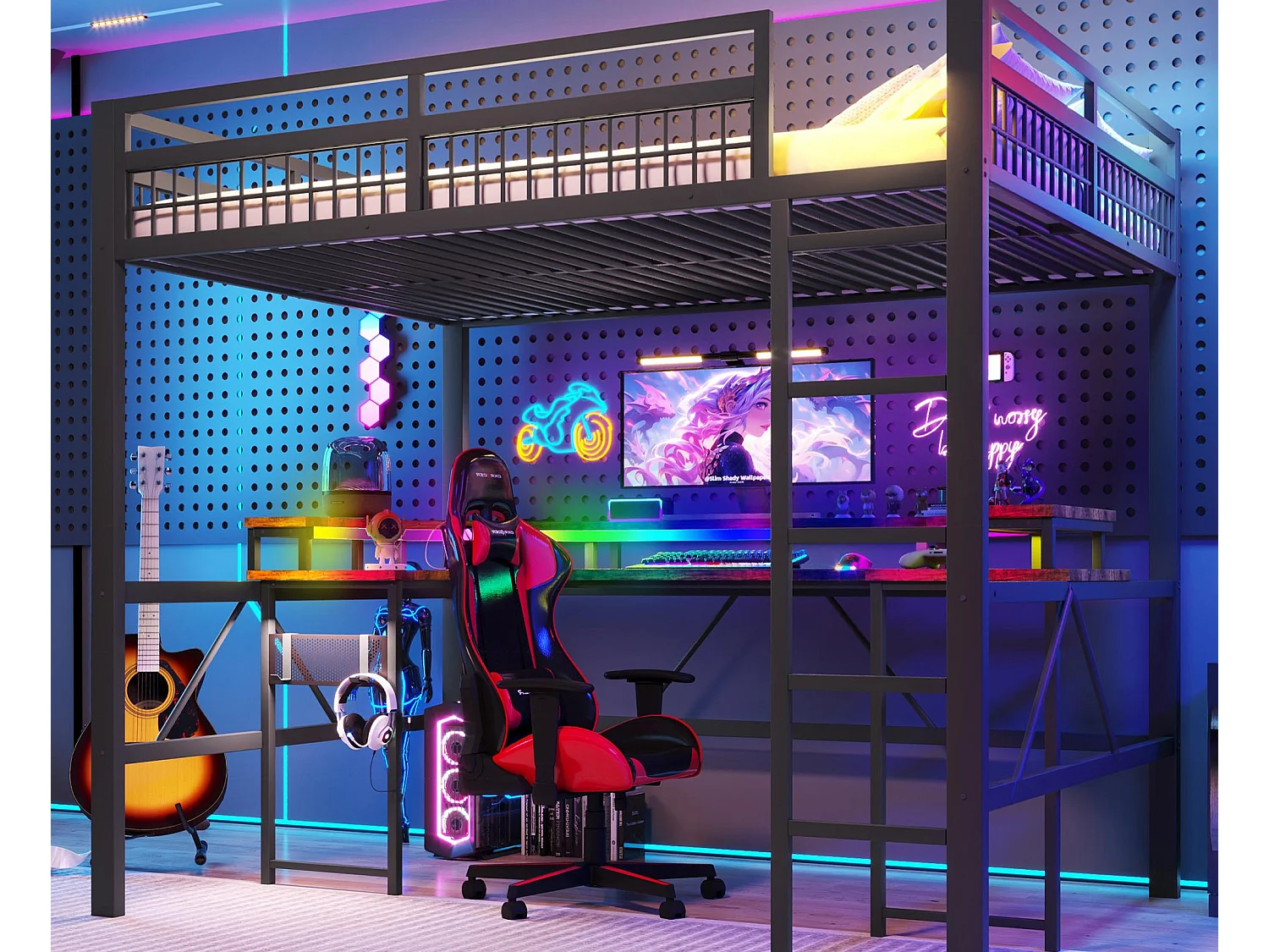 Hochbett 140x200 cm - LED-Beleuchtung - Integrierter Schreibtisch - 1 USB-Anschluss + 1 Type-C-Anschluss + 2 Steckdosen - Schwarz​ (Matratze nicht inbegriffen)