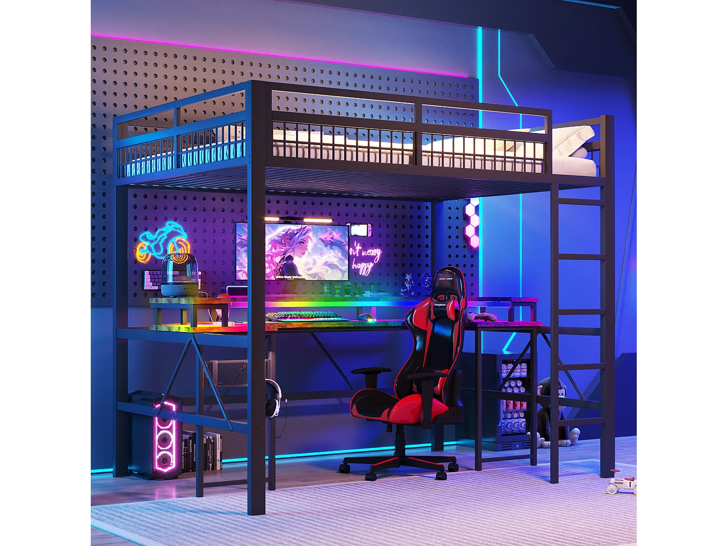 Hochbett 140x200 cm - LED-Beleuchtung - Integrierter Schreibtisch - 1 USB-Anschluss + 1 Type-C-Anschluss + 2 Steckdosen - Schwarz​ (Matratze nicht inbegriffen)