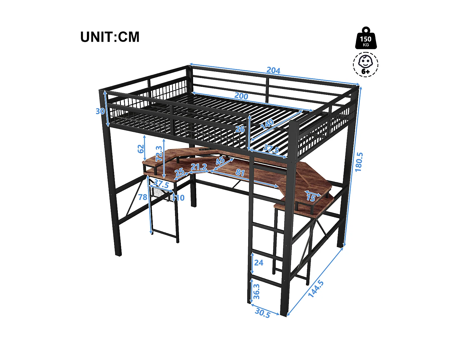 Hochbett 140x200 cm - LED-Beleuchtung - Integrierter Schreibtisch - 1 USB-Anschluss + 1 Type-C-Anschluss + 2 Steckdosen - Schwarz​ (Matratze nicht inbegriffen)