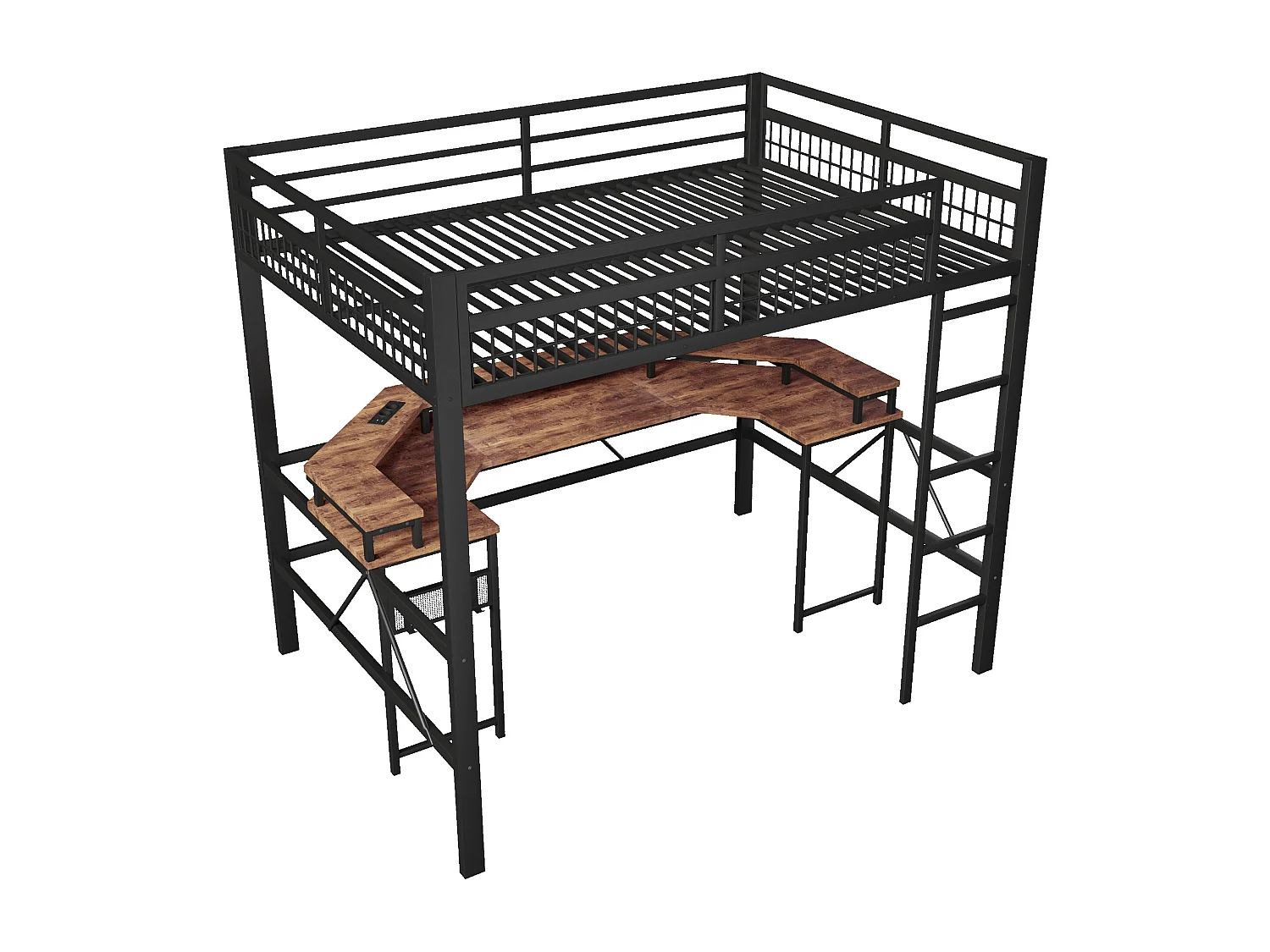 Hochbett 140x200 cm - LED-Beleuchtung - Integrierter Schreibtisch - 1 USB-Anschluss + 1 Type-C-Anschluss + 2 Steckdosen - Schwarz​ (Matratze nicht inbegriffen)