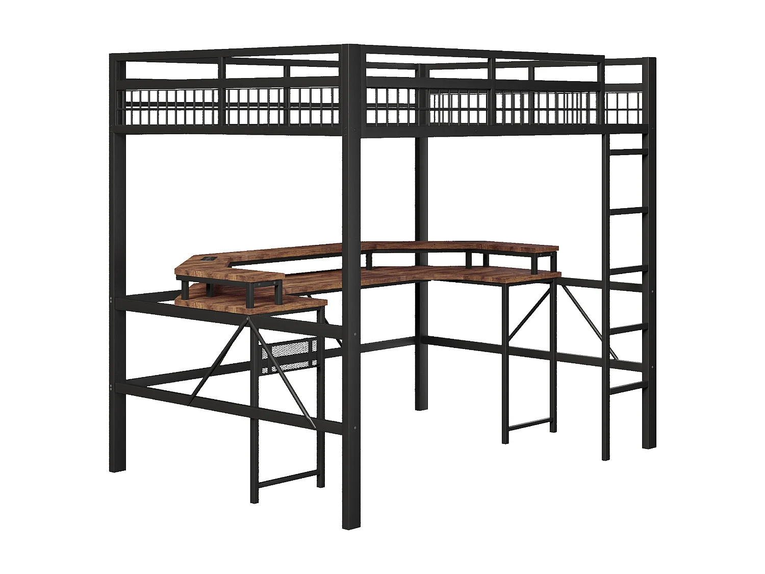 Hochbett 140x200 cm - LED-Beleuchtung - Integrierter Schreibtisch - 1 USB-Anschluss + 1 Type-C-Anschluss + 2 Steckdosen - Schwarz​ (Matratze nicht inbegriffen)