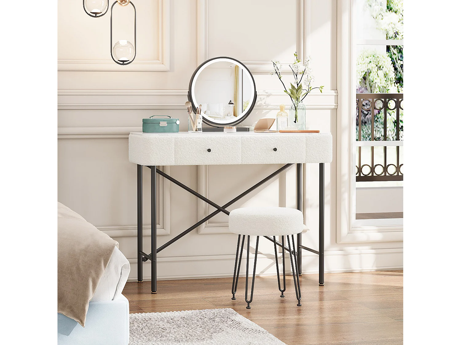 Schminktisch mit Marmoroptik-Platte – 100 x 40 x 120 cm – mit Hocker, LED-Spiegel und 2 Schubladen – Spanplatte – weiß