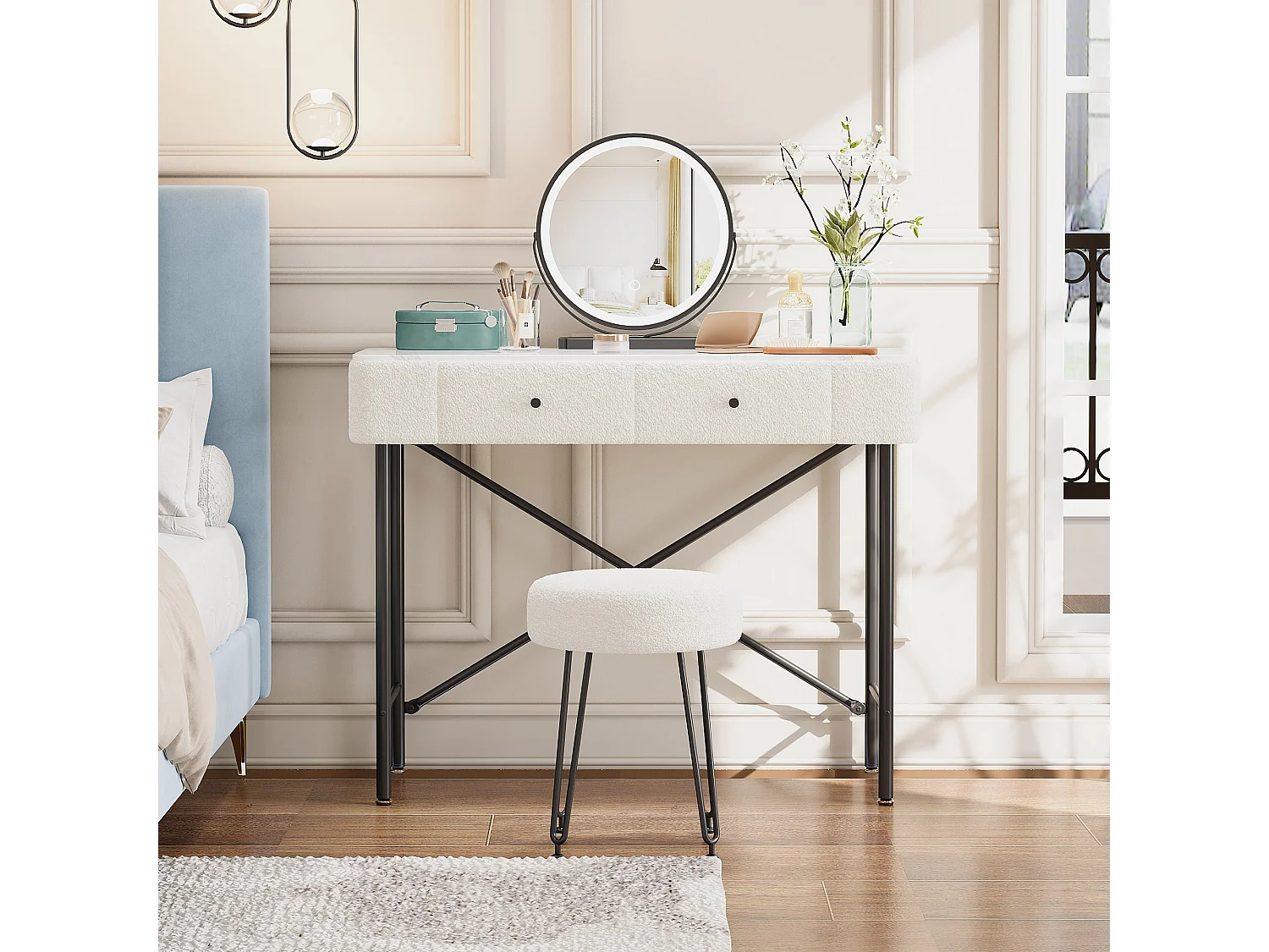 Schminktisch mit Marmoroptik-Platte – 100 x 40 x 120 cm – mit Hocker, LED-Spiegel und 2 Schubladen – Spanplatte – weiß