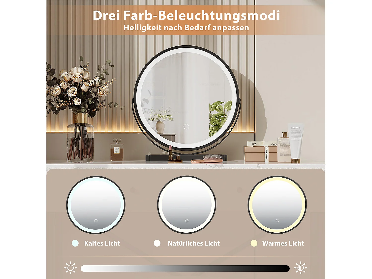 Schminktisch mit Marmoroptik-Platte – 100 x 40 x 120 cm – mit Hocker, LED-Spiegel und 2 Schubladen – Spanplatte – weiß