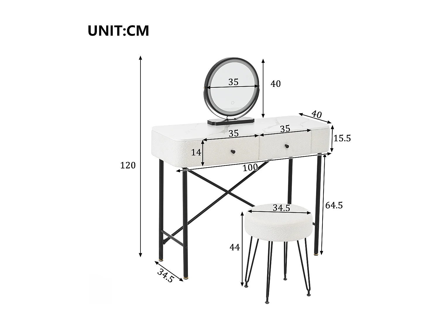 Schminktisch mit Marmoroptik-Platte – 100 x 40 x 120 cm – mit Hocker, LED-Spiegel und 2 Schubladen – Spanplatte – weiß