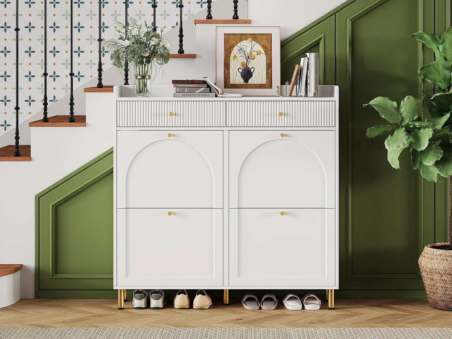 Meuble à chaussures à 4 portes battantes + 2 tiroirs - 106.5 x 25 x 105.5 cm - avec poignées en métal - MDF + aggloméré - blanc