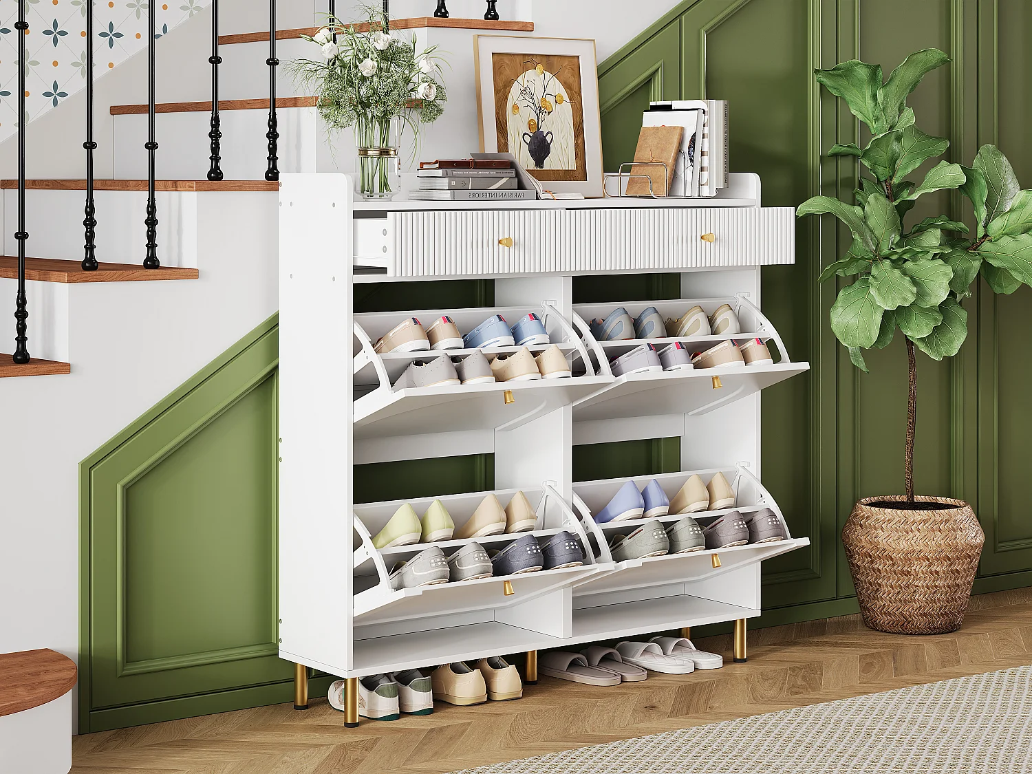 Meuble à chaussures à 4 portes battantes + 2 tiroirs - 106.5 x 25 x 105.5 cm - avec poignées en métal - MDF + aggloméré - blanc