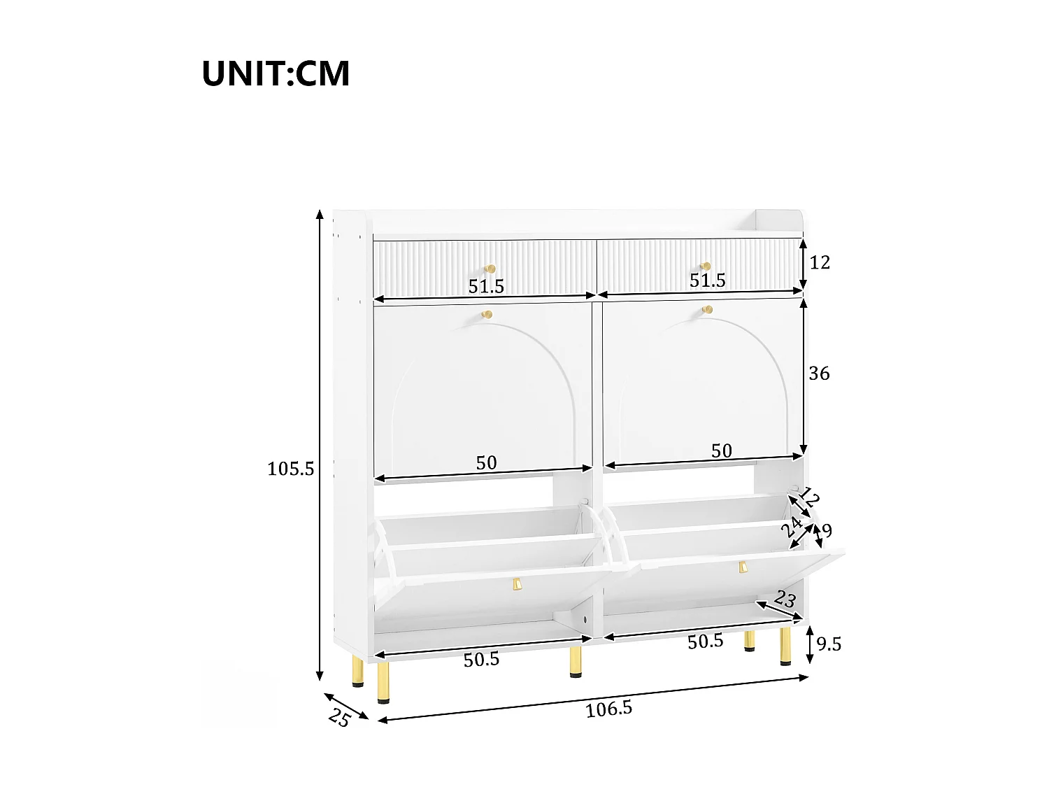 Meuble à chaussures à 4 portes battantes + 2 tiroirs - 106.5 x 25 x 105.5 cm - avec poignées en métal - MDF + aggloméré - blanc
