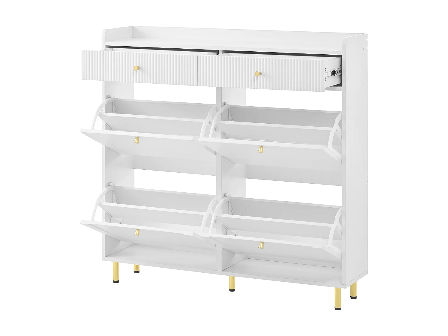 Meuble à chaussures à 4 portes battantes + 2 tiroirs - 106.5 x 25 x 105.5 cm - avec poignées en métal - MDF + aggloméré - blanc