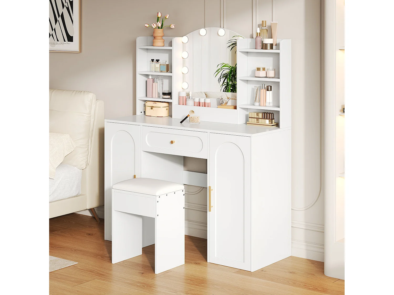 Moderner Schminktisch – 110 x 40 x 132 cm – mit LED-Beleuchtung, Spiegel, Hocker, Schublade und 2 Türen – MDF und Spanplatte – weiß